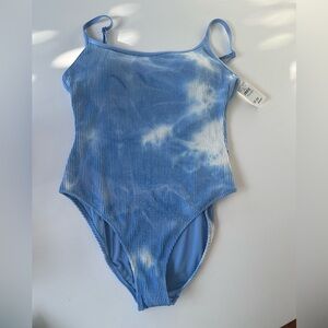 Arie women’s large LONG one piece swimsuit blue cloud textured fabric